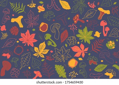 Magic autumn forest with carpet of leaves and mushrooms in doodle style