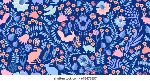 Magic autumn forest. Seamless vector pattern with hares, squirrels, flowers and trees on dark blue background. Textile print with vintage motifs.