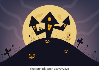 Magic autumn holiday elements. Halloween landscape with grave, creature, house and moon. Vector illustration design. 