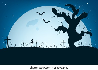Magic autumn holiday elements. Halloween landscape with grave, bat, bird, tree and moon. Vector illustration design. 