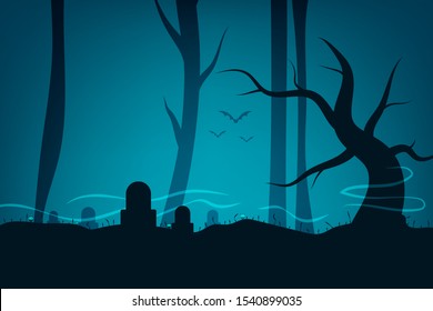 Magic autumn holiday elements. Halloween landscape with tree, creature, grave and bat. Vector illustration design. 