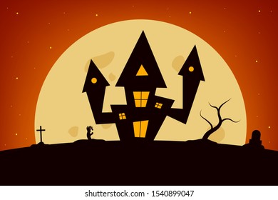 Magic autumn holiday elements. Halloween landscape with tree, grave, house, hand of zombie, moon and stars. Vector illustration design. 