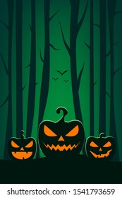 Magic autumn holiday elements. Halloween landscape with tree, bat and pumpkin. Vector illustration design. 