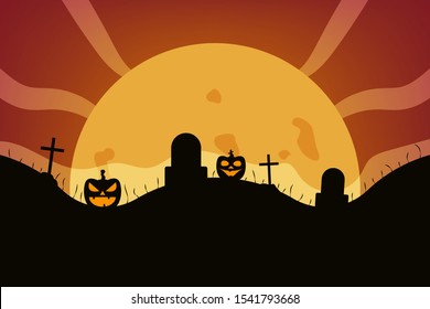 Magic autumn holiday elements. Halloween landscape with pumpkin, grave and moon. Hand of zombie, moon and stars.  Vector illustration design. 