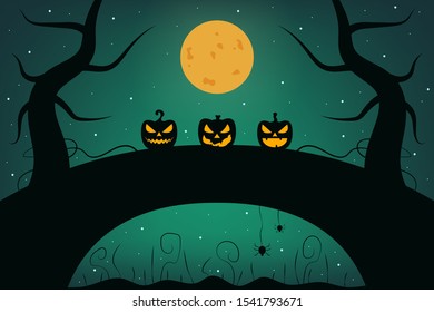 Magic autumn holiday elements. Halloween landscape with tree, spider, pumpkin, moon and stars. Vector illustration design. 