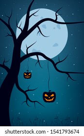 Magic autumn holiday elements. Halloween landscape with tree, pumpkin, moon and stars. Vector illustration design. 