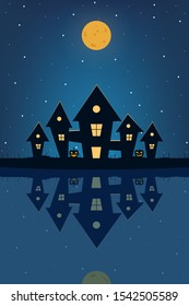Magic autumn holiday elements. Halloween landscape with pumpkin, house, moon and stars. Illustration with reflections in water. Vector illustration design. 