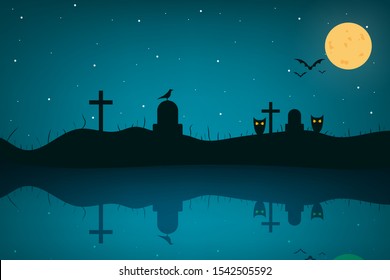 Magic autumn holiday elements. Halloween landscape with grave, bird, creature, bat, moon and stars. Illustration with reflections in water. Vector illustration design. 