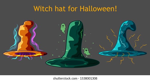 Magic autumn holiday elements. Set of witch hat for Halloween. Vector illustration design.