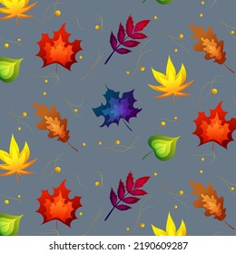 Magic autumn pattern with different leaves, vector illustration for printing, backgrounds.Seasonal ornament	