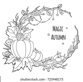 Magic autumn wreath, outline vector frame. Pumpkins, berries and leaves all on a twisted branches