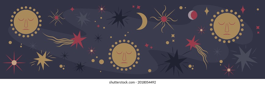 Magic background. Alchemy. Astrology. A falling comet. Abstract background for alchemy. Vector illustration for books, maps, games. Time of the witches. Phases of the moon.