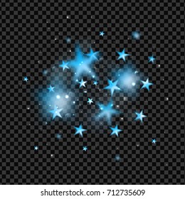 Magic background with blue blurred stars on dark transparent background. Decorative element for card, placard, flyer, poster, banner, web.