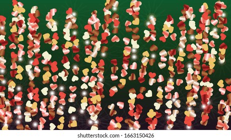 Fondo mágico con Confetti de partículas brillantes del corazón. Día de San Valentín. Patrón de aniversario. Luces. Explosión de Confetti. Ilustración de vectores de brillo. Diseño de afiche.