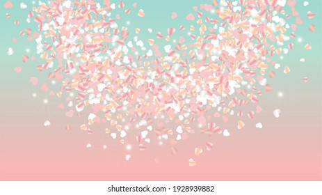 Magic Background with Confetti of Hearts Glitter Particles. St. Valentine Day. Celebration pattern. Light Spots. Explosion of Confetti. Glitter Vector Illustration. Design for Template.