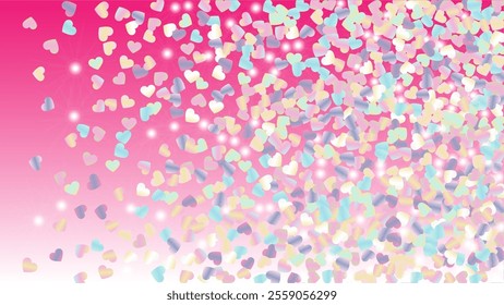 Magic Background with Confetti of Hearts Glitter Particles. St. Valentine Day. Disco pattern. Light Spots. Explosion of Confetti. Glitter Vector Illustration. Design for Invitation.