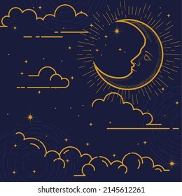 Magic background with constellations, crescent, clouds and stars, mystical esoteric design of packaging, astrology moon, vector