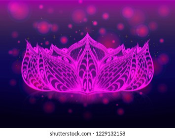Magic background with drawing pink floral pattern. Stylized lotus flower and glows.