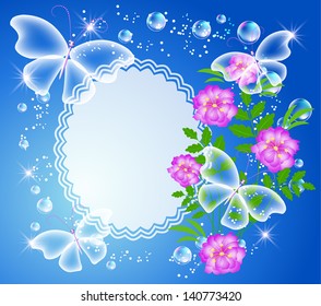 Magic background with flowers, butterflies, photo frame and a place for text or photo.