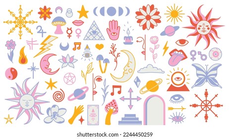 Magic background groovy in retro trend style with clipart elements. mystical vector isolated pattern. editable stroke clipart stickers. Esoteric element witchcraft. Collection of occult symbols y2k.