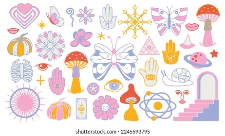 Magic background groovy in retro trend style with clipart elements. mystical vector isolated pattern. editable stroke clipart stickers. Esoteric element witchcraft. Collection of occult symbols y2k.
