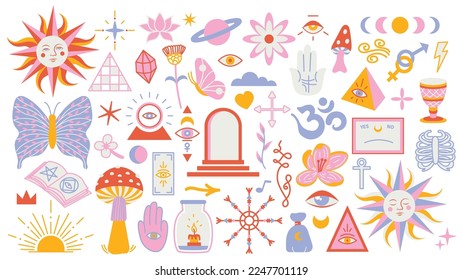 Magic background groovy in retro trend style with clipart elements. mystical vector isolated pattern. editable stroke clipart stickers. Esoteric element witchcraft. Collection of occult symbols y2k.