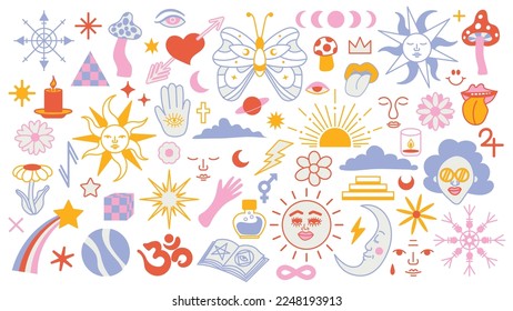 Magic background groovy in retro trend style with clipart elements. mystical vector isolated pattern. editable stroke clipart stickers. Esoteric element witchcraft. Collection of occult symbols y2k.