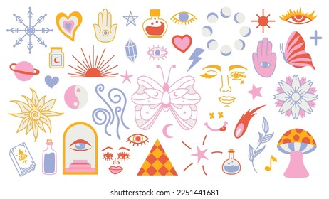 Magic background groovy in retro trend style with clipart elements. mystical vector isolated pattern. editable stroke clipart stickers. Esoteric element witchcraft. Collection of occult symbols y2k.