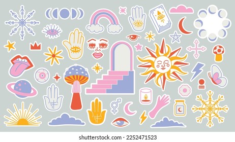 Magic background groovy in retro trend style with clipart elements. Decorative mystical vector isolated pattern. clipart stickers. Esoteric element witchcraft. Collection of occult symbols y2k.