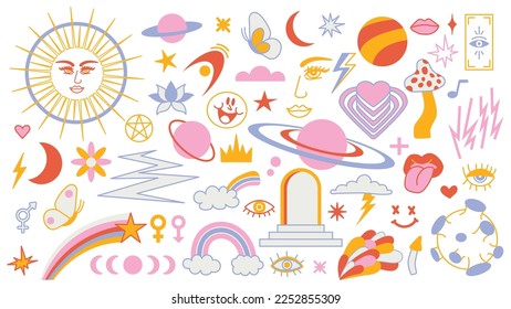 Magic background groovy in retro trend style with clipart elements. mystical vector isolated pattern. editable stroke clipart stickers. Esoteric element witchcraft. Collection of occult symbols y2k.