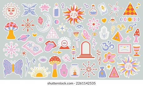 Magic background groovy in retro trend style with clipart elements. Decorative mystical vector isolated pattern. clipart stickers. Esoteric element witchcraft. Collection of occult symbols y2k.