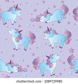 Magic background with little unicorns.Can be used for t-shirt print, fashion print design, kids wear, baby shower, greeting and postcard. Vector illustration. EPS 10.