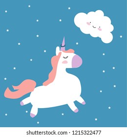 Magic background with little unicorns.Cute hand drawn unicorn vector illustration.