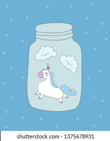 Magic background with little unicorns.Cute hand drawn unicorn vector illustration.