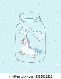 Magic background with little unicorns.Cute hand drawn unicorn vector illustration.