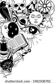 Magic background with mystery items. Mystic, alchemy, spirituality symbols.