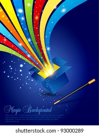 Magic background with an open box and a magic wand