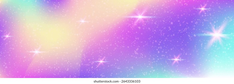 Magic Background. Pink Fairy Gradient And Beautiful Princess Pattern. Purple Rainbow Hologram. Vector Cartoon Galaxy With Sparkle And Mermaid Glitter. Blue Magic Background.