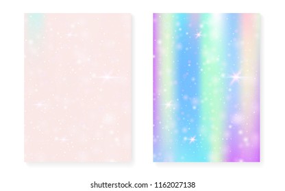 Magic background with princess rainbow gradient. Kawaii unicorn hologram. Holographic fairy set. Trendy fantasy cover. Magic background with sparkles and stars for cute girl party invitation.
