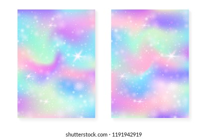 Magic background with princess rainbow gradient. Kawaii unicorn hologram. Holographic fairy set. Mystical fantasy cover. Magic background with sparkles and stars for cute girl party invitation.