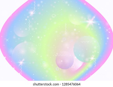 Magic background with princess rainbow gradient. Kawaii unicorn hologram. Holographic cosmos. Bright universe banner in cute colors. Magic background with sparkles and stars for girl party.
