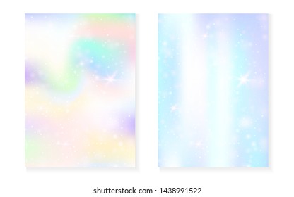 Magic background with princess rainbow gradient. Kawaii unicorn hologram. Holographic fairy set. Colorful fantasy cover. Magic background with sparkles and stars for cute girl party invitation.