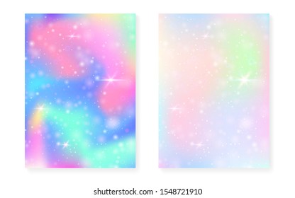 Magic background with princess rainbow gradient. Kawaii unicorn hologram. Holographic fairy set. Creative fantasy cover. Magic background with sparkles and stars for cute girl party invitation.