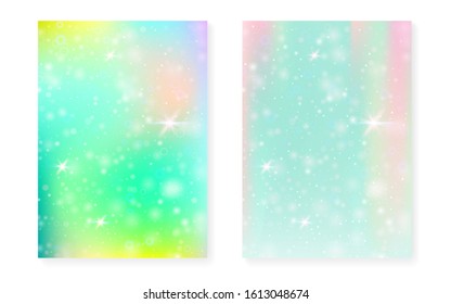 Magic background with princess rainbow gradient. Kawaii unicorn hologram. Holographic fairy set. Creative fantasy cover. Magic background with sparkles and stars for cute girl party invitation.