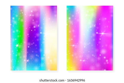 Magic background with princess rainbow gradient. Kawaii unicorn hologram. Holographic fairy set. Colorful fantasy cover. Magic background with sparkles and stars for cute girl party invitation.