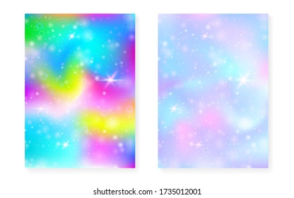 Magic background with princess rainbow gradient. Kawaii unicorn hologram. Holographic fairy set. Multicolor fantasy cover. Magic background with sparkles and stars for cute girl party invitation.