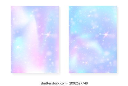 Magic background with princess rainbow gradient. Kawaii unicorn hologram. Holographic fairy set. Stylish fantasy cover. Magic background with sparkles and stars for cute girl party invitation.