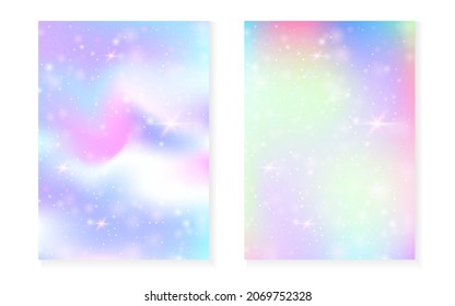 Magic background with princess rainbow gradient. Kawaii unicorn hologram. Holographic fairy set. Fluorescent fantasy cover. Magic background with sparkles and stars for cute girl party invitation.