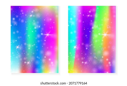 Magic background with princess rainbow gradient. Kawaii unicorn hologram. Holographic fairy set. Multicolor fantasy cover. Magic background with sparkles and stars for cute girl party invitation.