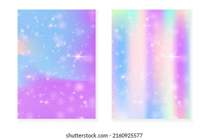 Magic background with princess rainbow gradient. Kawaii unicorn hologram. Holographic fairy set. Creative fantasy cover. Magic background with sparkles and stars for cute girl party invitation.